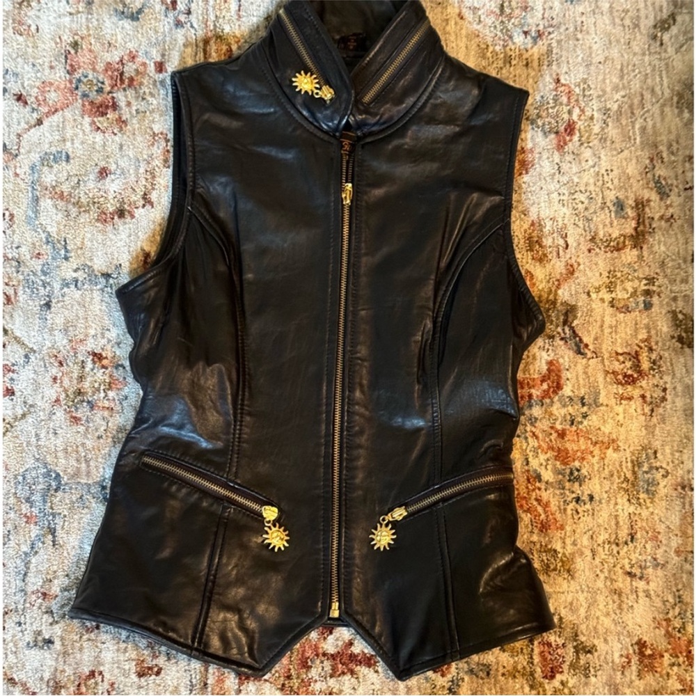 Rem Garson Black Leather Vest with Gold Details Preowned Size:XS NO FLAWS - Picture 1 of 3